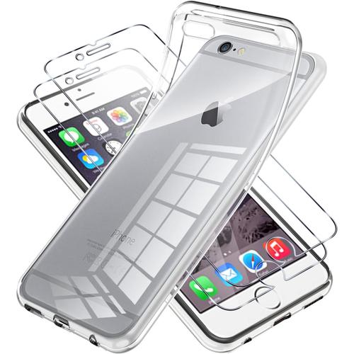 Coque Transparente Iphone 6/6s Avec Verre Trempé, Étui Silicone Souple, Film Protection Et Antichoc - 2 Pièces