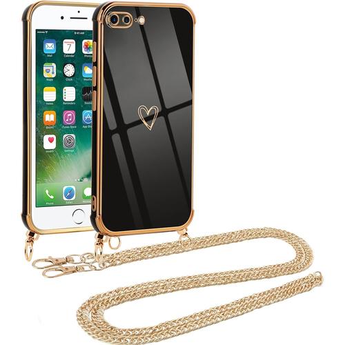 Coque Iphone 8 Plus/7 Plus Collier Motif Coeur, Etui Antichoc Rayures Avec Bandoulière Or