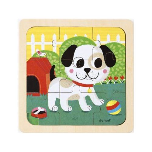 Puzzle En Bois Chien Titus Joue Au Ballon 9 Pieces - Puzzle Enfant Avec Support Imprime Et Cadre - Jouet Janod