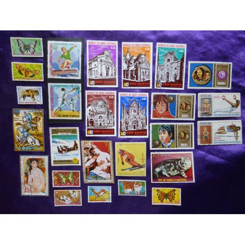 Timbres Guinée Equatoriale. 26 Timbres Anciens Années 1968, 1975, 1976, 1980... Eglises, Papillons, Jeux Olympiques, Chats... Parfait État.