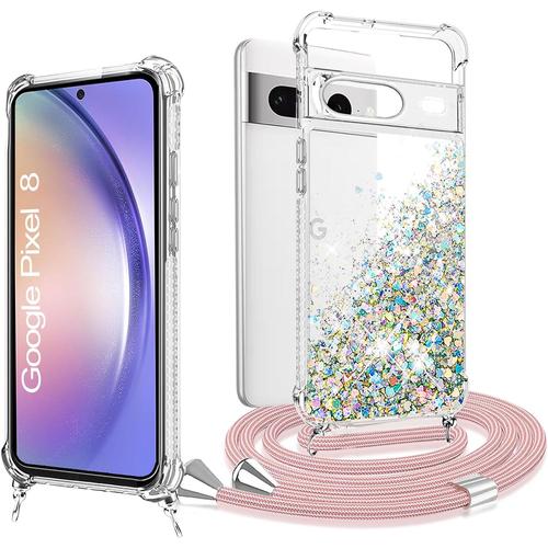 Housse Coque Avec Cordon Pour Google Pixel 8 En Silicone Transparent À Sables Mouvants, Collier Lanyard Réglable Et Dragonne Bling.