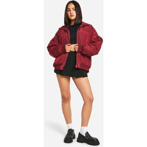 Contrast Stitch Detail Oversized Bomber Jacket - Rouge Bordeaux - 14