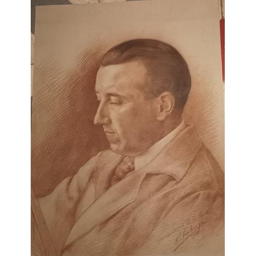 Dessin Original Sanguine - Portrait Représentant T. Gillard Par Le Peintre K. Verhoef