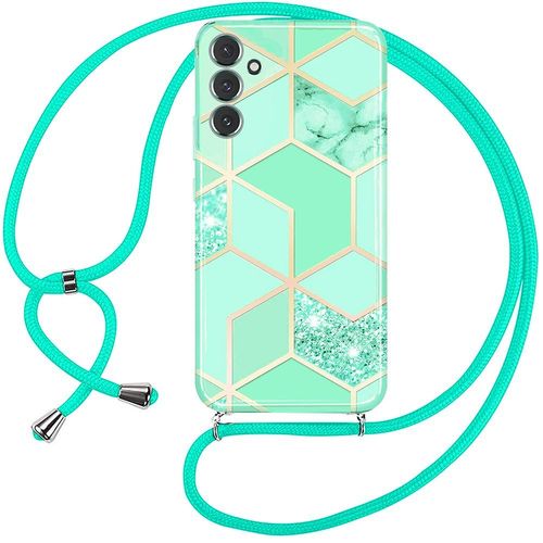 Coque Bandoulière Pour Samsung Galaxy S24 Plus / S24+, Protection Antichoc À Motif Marbre Turquoise - E.F.Connection
