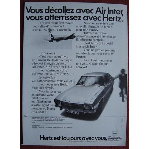 Publicité Papier - Air Inter, Voiture Ford Et Location Hertz De 1972