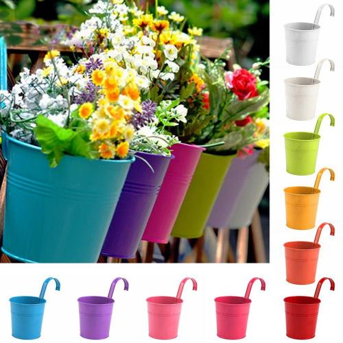 XM Pots de fleurs de 10 pièces Jardinière de balcon suspendue en fer métal pour l'extérieur Vase coloré différent seau suspendu Pots décoratifs de jardin