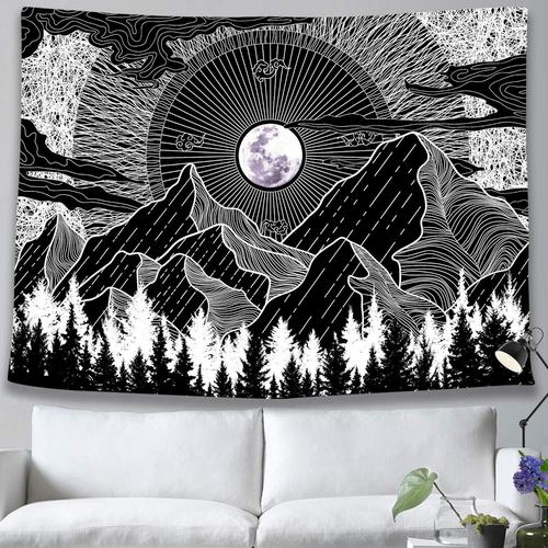 Tapisserie murale noire et blanche à suspendre, décoration de dortoir de chambre à coucher, petite tapisserie esthétique cool, ciel nocturne, nuage, ciel, forêt, nature, montagne