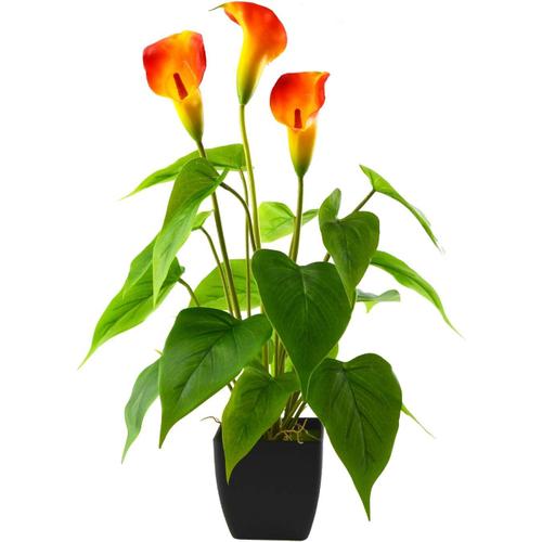 Plantes de fleurs artificielles Calla Lily fausse plante en pot avec pot noir pour bureau, décoration intérieure et extérieure, cuisine, décoration de fête (orange)