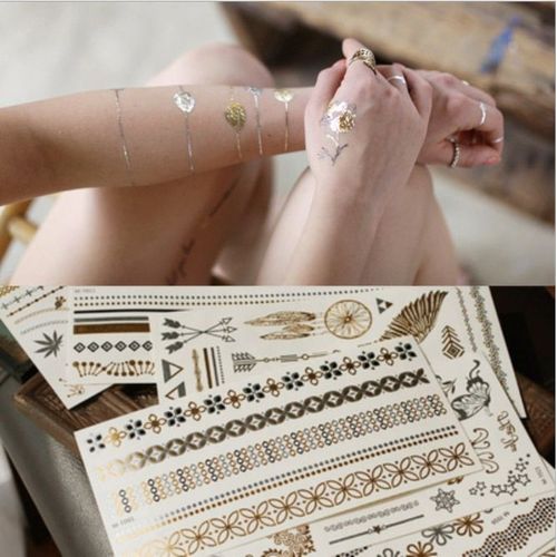 1pc Vintage Temporaire Tatouage Autocollants Femmes Enfants Corps Art Étoile Plume Doré Métallique Transfert D'eau Flash Tatoo Enfant