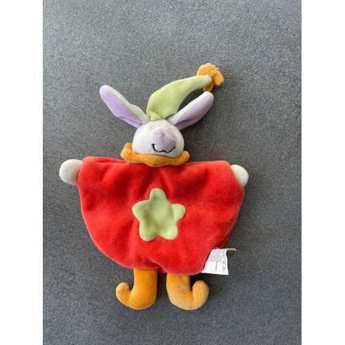 Doudou Lapin Arlequin Rouge Etoile Verte Bonnet