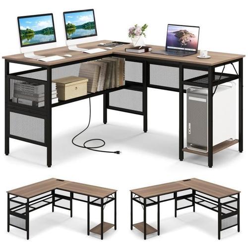 COSTWAY Bureau d Angle Réversible avec Station de Charge, Étagères de Rangement en Treillis, Support CPU, 140-120 x 50 x 74 cm