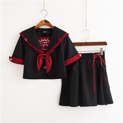 Expédié De Paris - Uniforme Ensemble Ecolière Sakura Rouge Noir Lacet Déguisement Cosplay