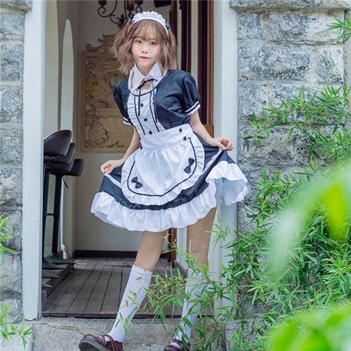 Expédié De Paris - Ensemble Robe Soubrette Manches Courtes Chemisier Boutons Jupe Noeud Papillon Col Maid Sailor Lolita Uniforme Marin Matelot Navy Costume Déguisement Japonais