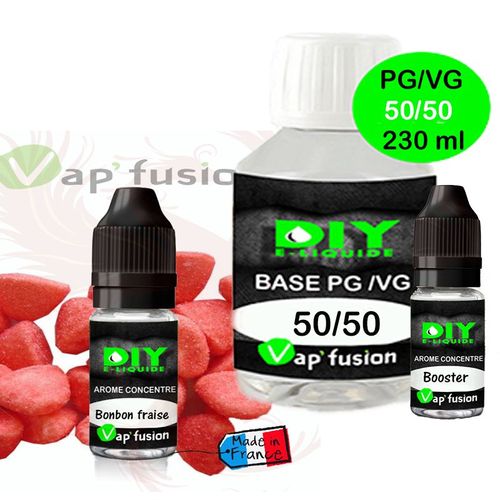 Pack e-liquide DIY facile 230ml - base, arôme et booster Vap'Fusion - 12mg - Bonbon Fraise