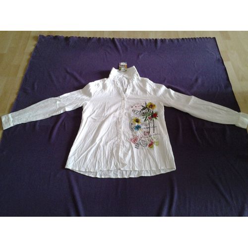 Desigual Chemise Effet Froisse Blanc Et Multicolore T.42 (Fr) T. Xl (Us) Neuve