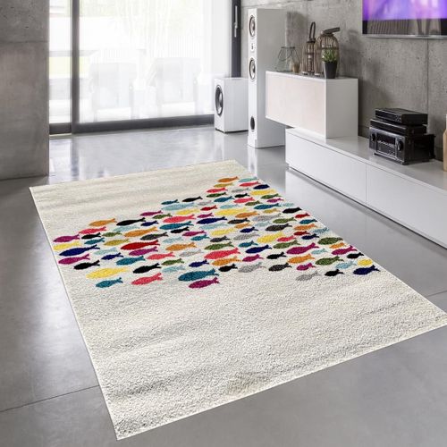Tapis Enfant 80x150 Rectangle Tissé Crème Motif Animaux Fishes