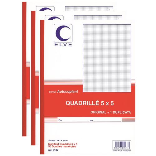 Elve Lot De 3 Manifolds Autocopiant Quadrillé 5 X 5 297 X210 Mm 50 Feuillets Dupli