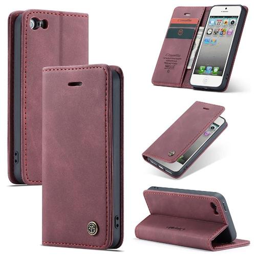 Flip Étui Pour Iphone 5s Livre Flip Folio Étui Avec Fente Pour Carte, Fermeture Magnétique Antichoc Portefeuille En Cuir Pu Vintage - Rouge