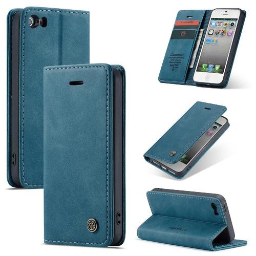 Flip Étui Pour Iphone 5s Étui Avec Fente Pour Carte, Livre Flip Folio Fermeture Magnétique Antichoc Portefeuille En Cuir Pu Vintage - Bleu