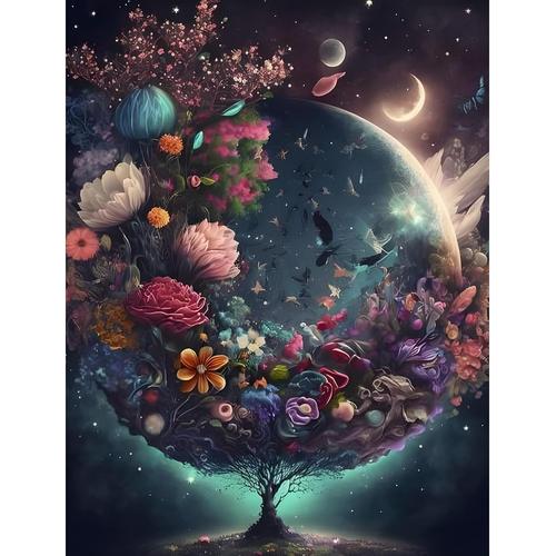 Paysage Peinture Diamant Adulte, 5d Arbre De Vie Diamond Painting, Diy Lune Fleurs Diamond Art Painting, Arbre Diamant Strass Point De Croix Cristal Painting Pour Murale Décoration 30x40cm