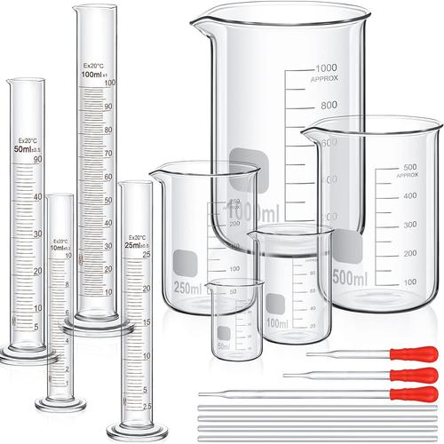 Set de Bécher Cylindrique Gradué en Verre, Cylindres de Lab (10 ml, 25 ml, 50 ml, 100 ml), Bécher (50 ml, 100 ml, 250 ml, 500 ml, 1000 ml) 3 Compte-Gouttes 4 Tige d'Agitation en 7,9 Pouces