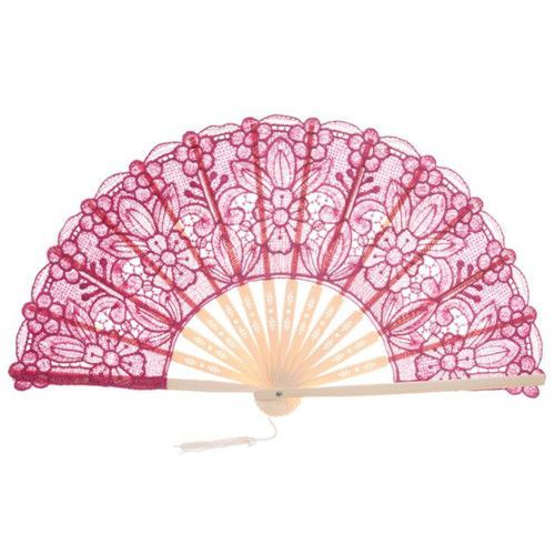 Expédié De Paris - Eventail Retro Vintage Traditionnel Bambou Nature Rouge Beige Rose Fushia Violet Bleu Blanche Dentelle Soirée Déguisement