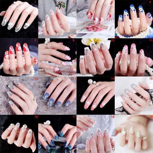 Xeju 24pcs Dames Faux Ongles Transparent Perles Florales Décor Bricolage Photo Studio Photo 