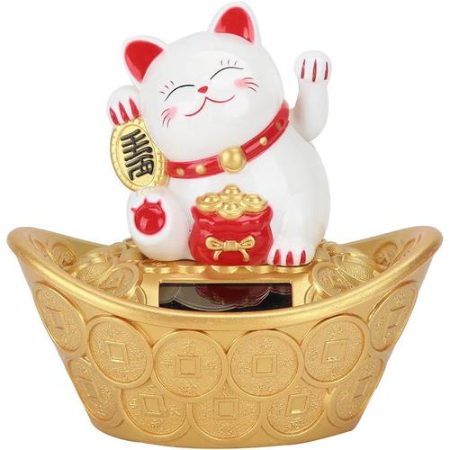 Fortune Cat Mini chat de bienvenue Feng Shui - Décoration de bureau à énergie solaire - Figurine de chat accueillant et agitant la main pour la maison, le restaurant, le bureau, la boutique (blanc) (