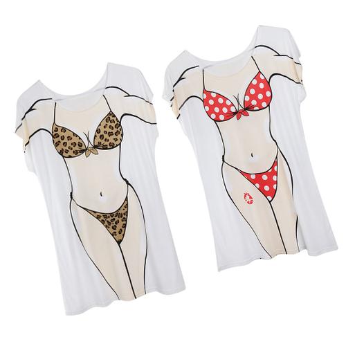 HTAIGUO T-shirt humoristique imprimé bikini pour femme, maillot de bain  ample à manches courtes, jolie robe ample et amusante 