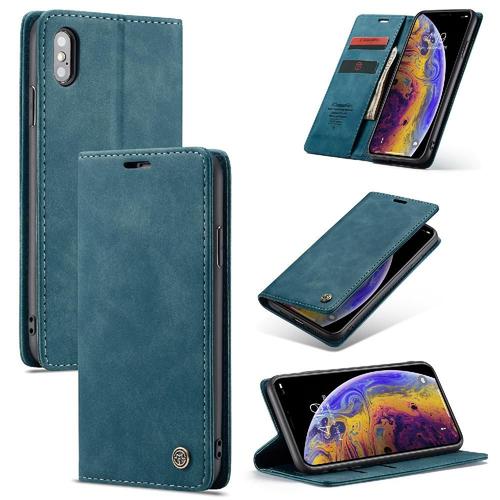 Flip Étui Pour Iphone X/Xs Livre Flip Folio Étui Avec Fente Pour Carte, Fermeture Magnétique Antichoc Portefeuille En Cuir Pu Vintage - Bleu