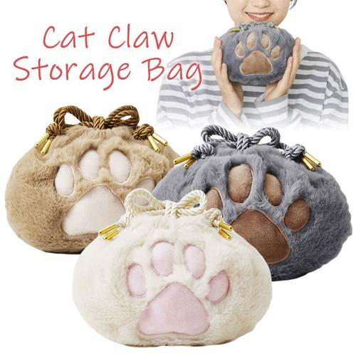 Sac ¿¿ cosm¿¿tiques ¿¿ cordon de serrage pour femmes, sac de voyage Portable en peluche avec patte de chat, sac de rangement de maquillage, mode mignon patte de chat, organisateur de toilette