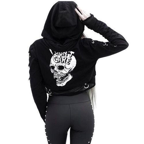 Expédié De Paris - Capuche Veste Motard Biker Haut Top Sweat Noir Punk Anneau Rock Punk Gothique Zip Femme