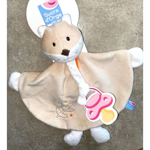 Doudou Renard Sucre D'orge Beige Clair Blanc Doumou Porte Tetine Attache Sucette Jouet Bebe Naissance