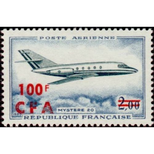 La Réunion, Département Français 1967, Beau Timbre De Poste Aérienne Yvert 61 Avion Mystère 20 2.00f Bleu Vert Et Noir Surchargé "100f Cfa"