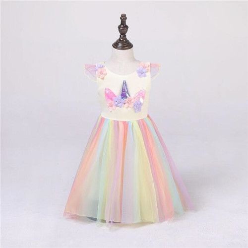 Expédié De Paris - Robe Enfant Licorne Sans Manches Ete Automne Tulle Tutu Fille Déguisement Princesse