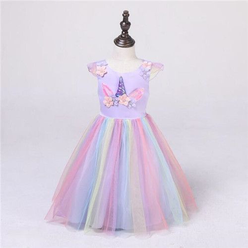 Expédié De Paris - Robe Enfant Licorne Sans Manches Ete Automne Tulle Tutu Fille Déguisement Princesse