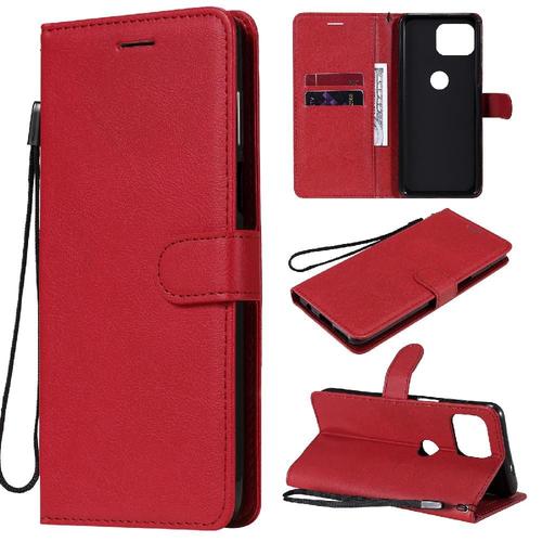 Flip Étui Pour Motorola Moto G 5g Plus Étui De Téléphone Portefeuille D'affaires Couleur Solide Classique Avec Fente Pour Carte Cuir De Haute Qualité - Rouge