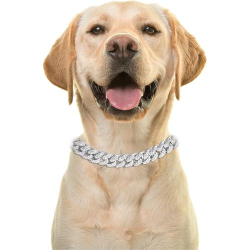 Chaîne En Or Iced Out Pour Chien, Diamant Lien Cubain Collier Collet 14mm Plaqué Or Blanc Platine 60cm Taille Xxl Avec Gratuit Boite Cadeau, Décoration Uniquement