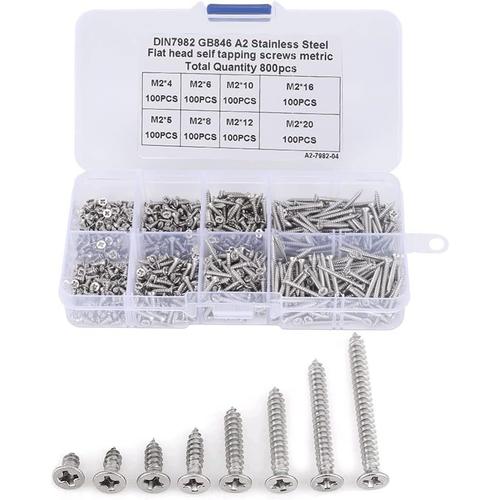 Vis Autotaraudeuse M2 800PCS Vis Assortiment Kit Vis à Tête Plate Vis à Bois Inox Vis Autoforeuse Bois Plastique Métal Mou Petit Réparation Bricolage (L:4/5/6/8/10/12/16/20mm)