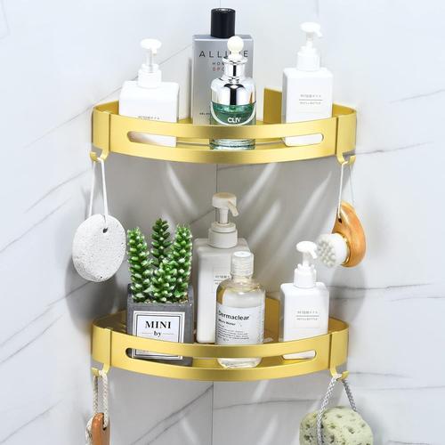 Étagère Douche sans Perçage Etagere Angle Tablette Salle de Bain avec 4 Crochets Panier de Rangement en Métal Antirouille Etagere Murale Adhésif(Dore, 2 Niveaux)