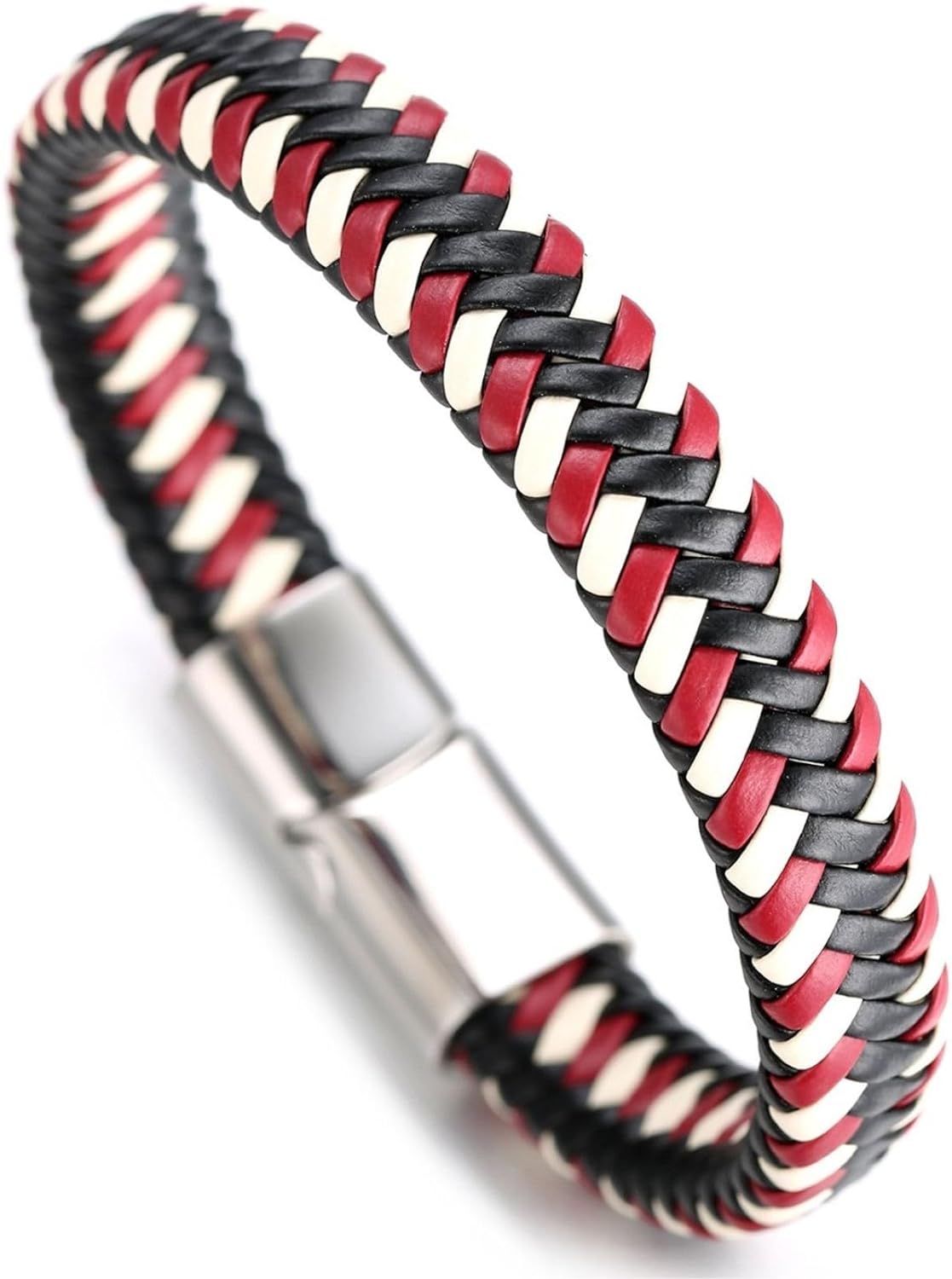 ¿ Jazz ¿ Homme Bracelet En Cuir Véritable De Main Entreprise Sport Rouge Magnétique De Titane Acier 8.46"(21.5cm) Avec Le Boîte-Cadeau Gratuit