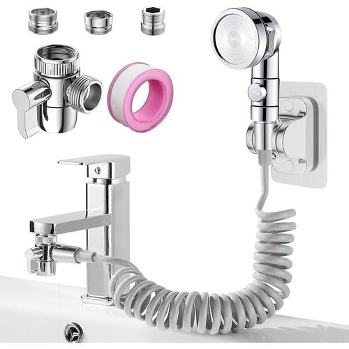 Ensemble Pommeau Douche pour Lavabo, 3 Modes Pommeau de Douchette de Salle de Bain Pomme de Douche à Main avec 3 Adaptateurs de Robinet, 3 Mètres Blanc Tuyau Longeur(Robinet pas Inclu)