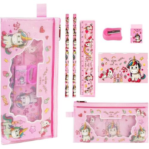 Ensemble De Papeterie Licorne, Lot De 7pcs Cadeau De Papeterie Licorne, 2 Crayons, Trousse À Crayons Transparente, Taille-Crayon, Carnet, Règle, Gomme Ecole Bureau Cadeau Pour Les Filles