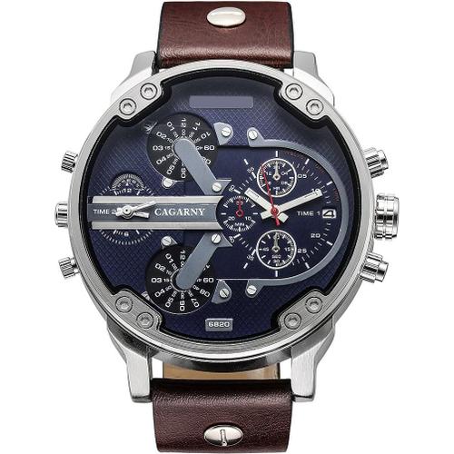 Cagarny® Montre Analogique À Cadran Rond Avec Deux Fuseaux Horaires Et Bracelet En Cuir Synthétique Couleurs Assorties