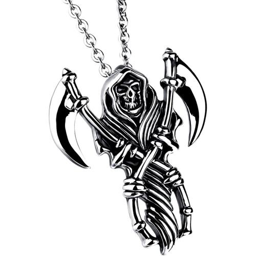 Bijoux Pendentif Collier Homme Grande Faucheuse Grim Reaper Tête De Mort Crâne Gothique Diable Acier Inoxydable Couleur Noir Argent