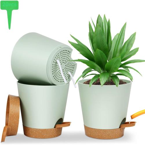 Lot De Pot De Fleur En Plastique, 3pcs Pots De Fleurs Auto-Arrosant, Pots De Plantes Avec Trous De Drainage Et Soucoupes Amovible Pour D'intérieur Et D'extérieur Jardins De Balcon -Vert 16,5cm