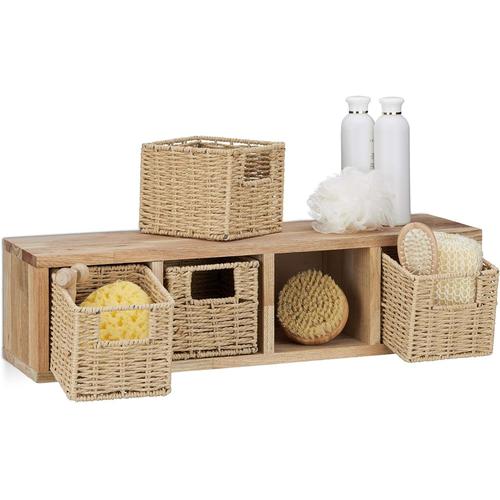 Unique Etagere 4 Cubes Rangement Panier Amovible Corbeille Bois Noyer Couloir Chambre Cuisine Montage Mural, Nature 18x61.5x16 Cm