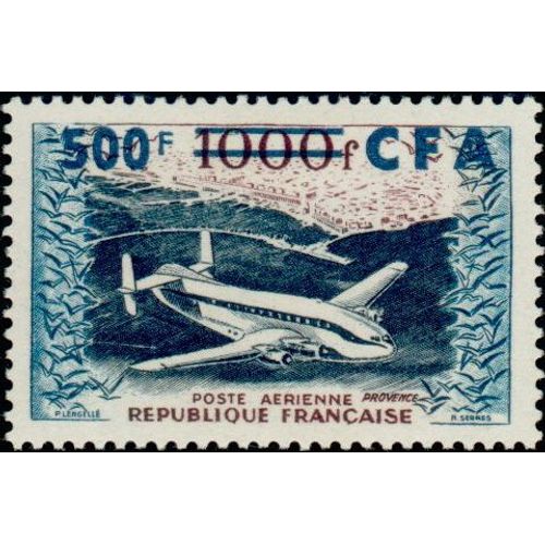 La Réunion, Département Français 1954, Beau Timbre De Poste Aérienne Yvert 55, Avion Quadrimoteur "Provence" 1000f. Brun Rouge, Bleu, Bleu Noir Surchargé "500f Cfa", Neuf*