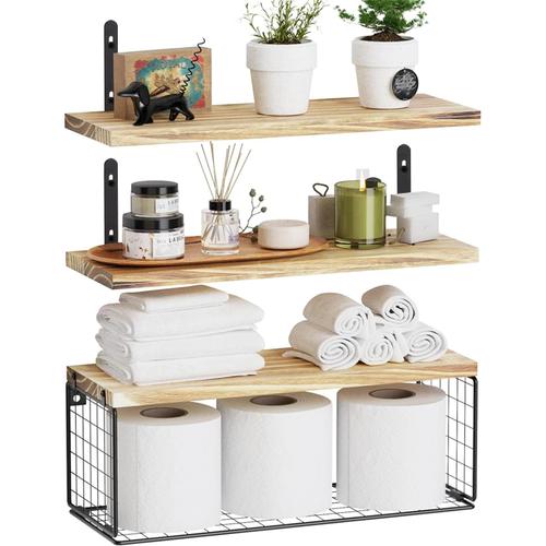 Lot De 3 Étagères Murales En Bois, Étagères Murales Murale Avec Grille Métallique, Etagères Flottantes En Bois Tablette Murale, Etagere Murale Pour Salon Chambre Bureau Salle De Bains Et Cuisine