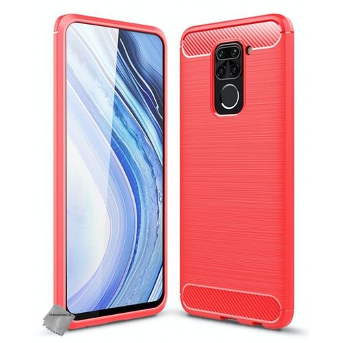 Housse Etui Coque Silicone Gel Carbone Pour Xiaomi Redmi Note 9 + Verre Trempe - Rouge